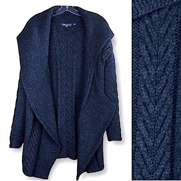 VINCE. Charcoal Gray Asymmetrical  Open Front Cardigan Sweater Cable Knit Sz XS - Picture 2 of 9